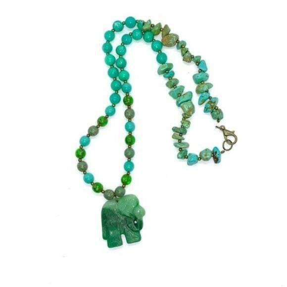 Handmade Beaded Teal Rocks Green Elephant Necklace - Picture 6 of 16